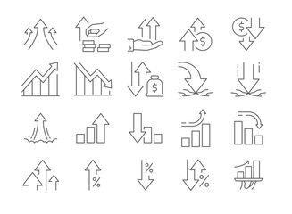 Growth and Decline line Icon Set. Outline style. Stock Market, Profits, Launches, Financial Movement. Business Themes. Editable Stroke.