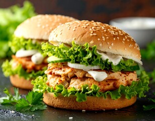 Two chicken burgers with fresh toppings