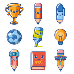 Cute Cartoon Vector Set: Trophy, Pencil, Pen, Football, Highlighter, Light Bulb, Book