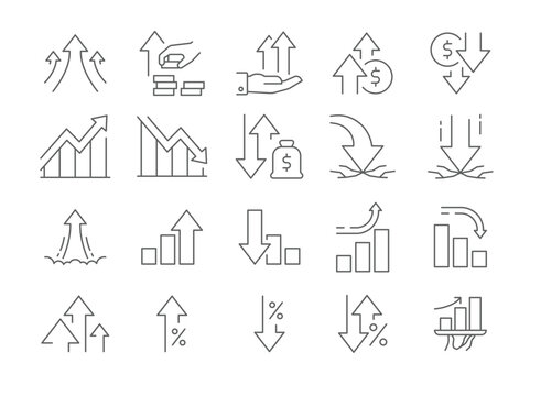 Growth and Decline line Icon Set. Outline style. Stock Market, Profits, Launches, Financial Movement. Business Themes. Editable Stroke.