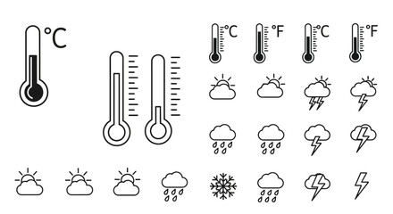 Weather Icons Temperature, Sun, Cloud, Rain, and Lightning Illustrations