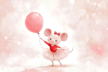 little mouse in ballerina clothes holding balloon. watercolor postcard with copy space