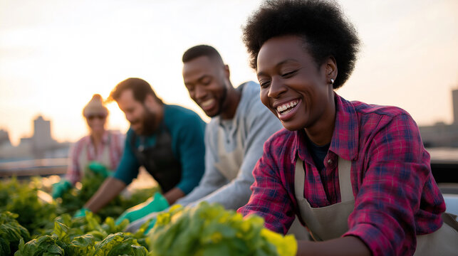 Diverse happy people are smiling and harvesting fresh produce on a sunny rooftop urban farm.
