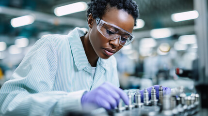 A focused African American female engineer or technician in safety glasses and gloves meticulously works on machinery in a manufacturing environment.