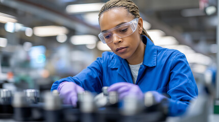 A focused African American female engineer or technician in safety glasses and gloves works meticulously on components in a manufacturing facility.