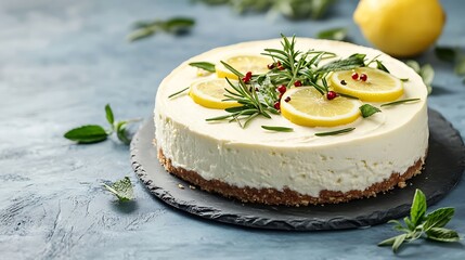 Creamy Cheesecake Topped with Fresh Lemon Slices, Rosemary, and Redcurrant on Slate Plate