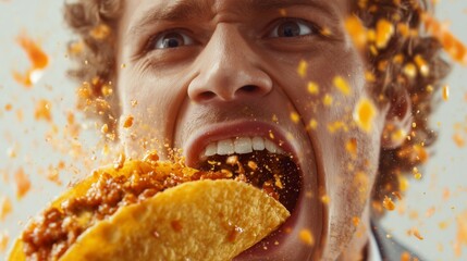 Dynamic shot of a man eating a taco with filling falling, salsa splashes, clean white background, high-resolution food image