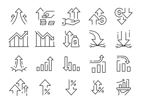 Growth and Decline line Icon Set. Outline style. Stock Market, Profits, Launches, Financial Movement. Business Themes.