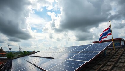 Solar panels on rooftop under cloudy sky, Thai flag visible,  solar energy,  day