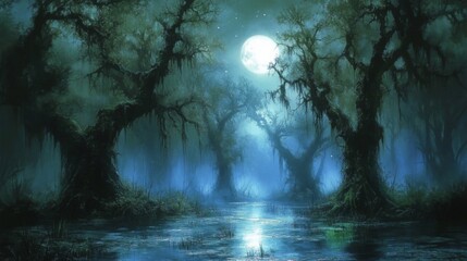 Moonlit Swamp Landscape with Dark Cypress Trees