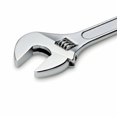Close up of a shiny adjustable wrench showing the jaw and adjustment mechanism on white background