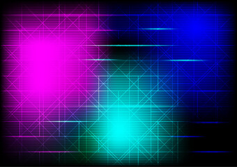 A digital abstract image with neon pink, blue, and cyan hues, intersecting lines, and a glowing grid pattern.