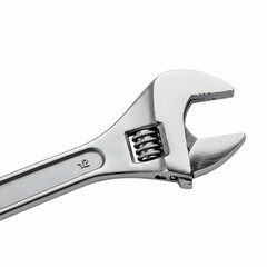 Close up view of a shiny metal adjustable wrench with a spring mechanism on a white background