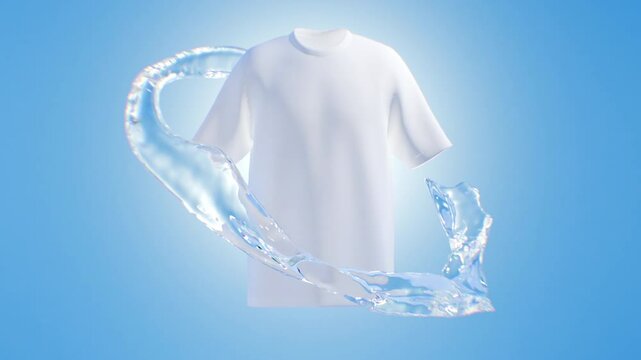 3D transparent water gradually surrounds a pure white T-shirt, floating on a blue background. Illustration scene for laundry, detergent and cleaning product