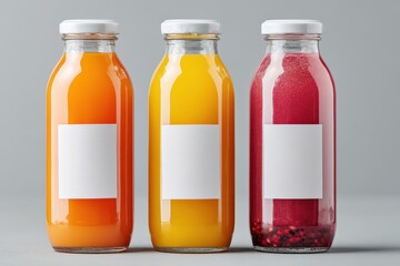 Three glass bottles filled with vibrant orange, yellow, and red juices, each bearing a blank white label, stand against a neutral gray backdrop