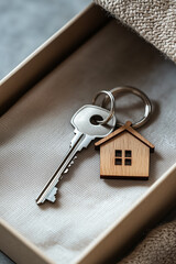 a key with a house-shaped keychain lies inside a gift box