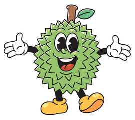 A friendly and animated cartoon durian character with big eyes, a cheerful smile, outstretched arms, yellow shoes, and a brown stem with a leaf.