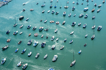 A port with yachts, boats and luxury homes. Los Angeles, USA.