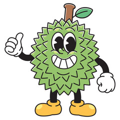 A cheerful cartoon durian character with a big smile, expressive eyes, green spiky body, white gloves, yellow shoes, and a thumbs-up gesture.
