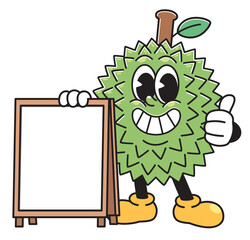 A fun and cheerful cartoon durian character standing upright with a big smile, giving a thumbs up, and holding a blank wooden signboard or whiteboard.