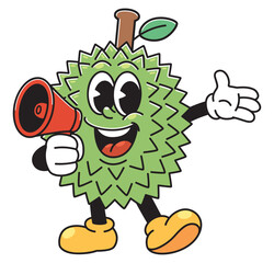 An energetic cartoon durian character holding a red megaphone, ready to make an announcement.