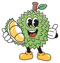 A happy cartoon durian character holding a peeled durian pulp in one hand and giving a thumbs up with the other.