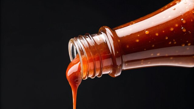 Close-up shot of a thick, savory sauce being dispensed from its clear glass container, with a glistening stream and dripping droplet, isolated on black. Ideal for BBQ, hot sauce - Powered by Adobe