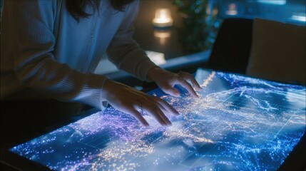 A person interacting with a futuristic interactive table displaying a glowing map of the world view