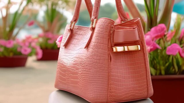 Close-up of a stylish light red crocodile pattern handbag with metallic accents against a blurred floral background