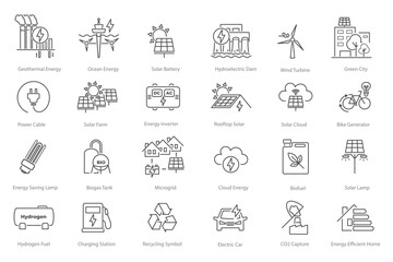 Set of line icon graphics about energy and ecology. Green solutions for carbon reduction and environment awareness. Earth symbols for eco use in various content. Vector illustration.