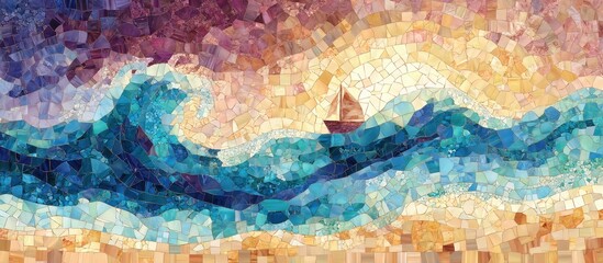 A mosaic depicts a small sailboat navigating a large, stylized wave under a sunset sky