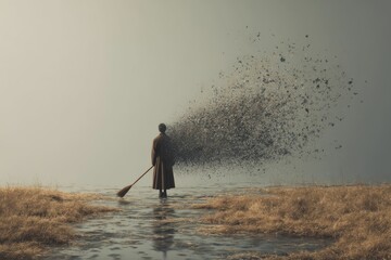 A visual metaphor for intrusive thoughts being swept away