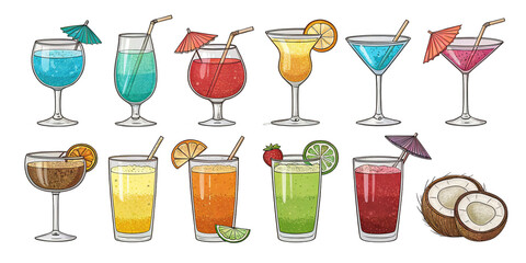 12 PNG bundle set of illustrations summer drinks cocktails like, orange drinks, fruits drinks, exotic drinks, tropical drinks with ice and unique straws, Isolated transparent background.