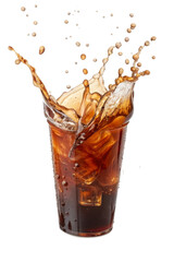 Close-up view of a soda drink splashing, highlighting the drink's color and freshness of drink, Against a Isolated transparent background.
