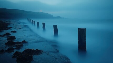 Misty coastal scene with weathered posts