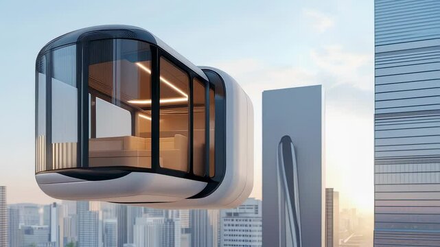 Autonomous flying pod navigating urban airspace, offering innovative transportation solution