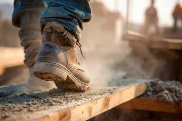 Builderâ€™s boots walking across a dusty construction platform
