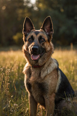 Alert  Dog Sitting in a Meadow at Sunset – Close-up Portrait with Soft Natural Light