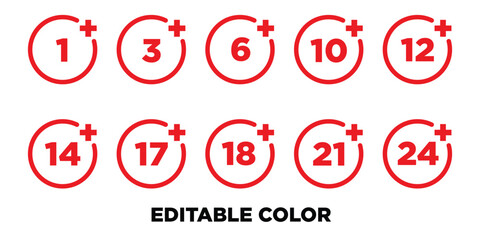 Age limit icons. 18+, 3+, 21+ and other age restriction signs, stickers or emblems. For adults or for kids. Vector