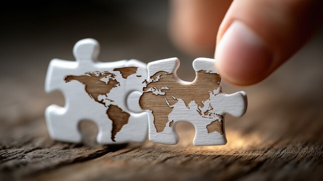 Hand Assembling World Map Puzzle Piece on Wooden Surface for Global Connectivity