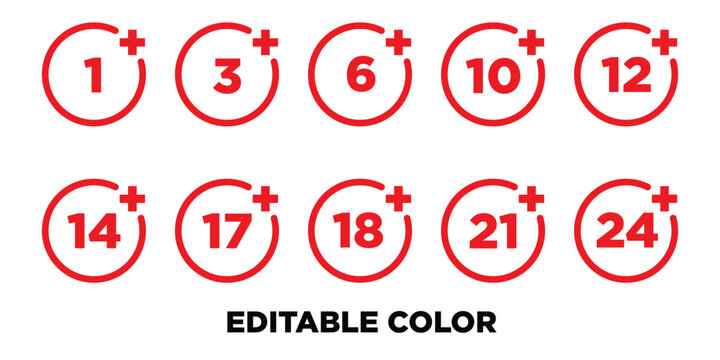 Age limit icons. 18+, 3+, 21+ and other age restriction signs, stickers or emblems. For adults or for kids. Vector