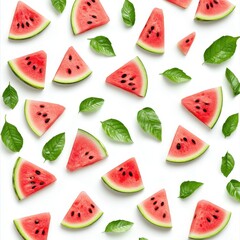 A vibrant pattern of watermelon slices and green leaves artfully arranged on a white background