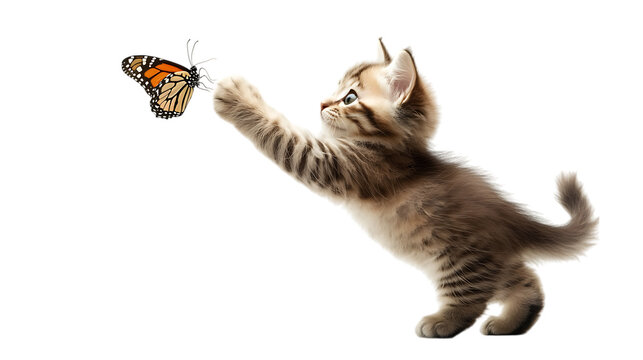 Small kitten trying to catch butterfly