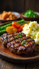 A hearty spread of grilled steak, roasted vegetables, and creamy mashed potatoes, served family-style on a rustic wooden table, embodying a classic ranch meal , spices, food, western