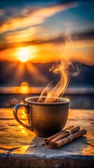 Fototapeta premium Tranquil Coffee Mug Ocean View Sunset Sunrise Serenity