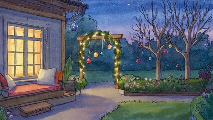 Cozy garden scene at twilight featuring decorated pergola, warm light, and peaceful atmosphere