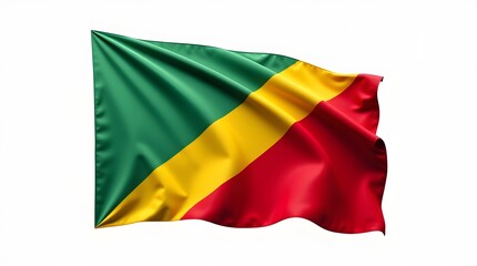 Obraz premium Photorealistic Republic of the Congo flag on white background. Diagonal green, yellow, and red tricolor. Realistic fabric texture, sharp focus, clean and isolated for design or educational use.