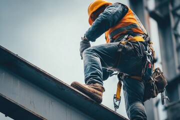 Construction worker adjusting their safety harness on a beam