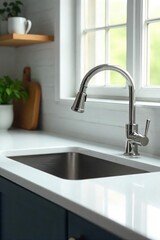 A sparkling clean kitchen sink, gleaming countertops, and freshly polished faucet Spotless surfaces and a sense of order and hygiene are evident Ready for use and a fresh start , kitchenware, task