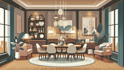 A dining room that is designed to be both elegant and inviting, with a focus on using light and color to create a sense of warmth and coziness 